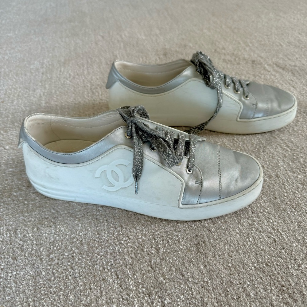 Authentic CHANEL Sneakers Iridescent White and Silver Size 38.5